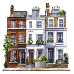 Fototapeta premium Charming terrace houses with brick and white facades, adorned with greenery