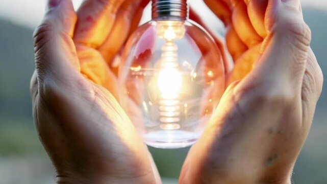 The hand holding the light bulb glows.