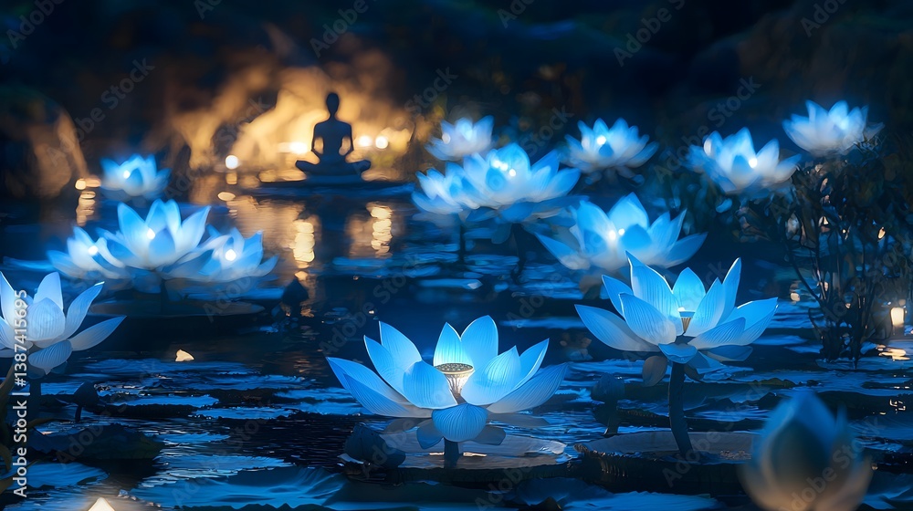 Poster a hidden garden of floating lotus flowers, where monks meditate while the petals pulse with soft blu