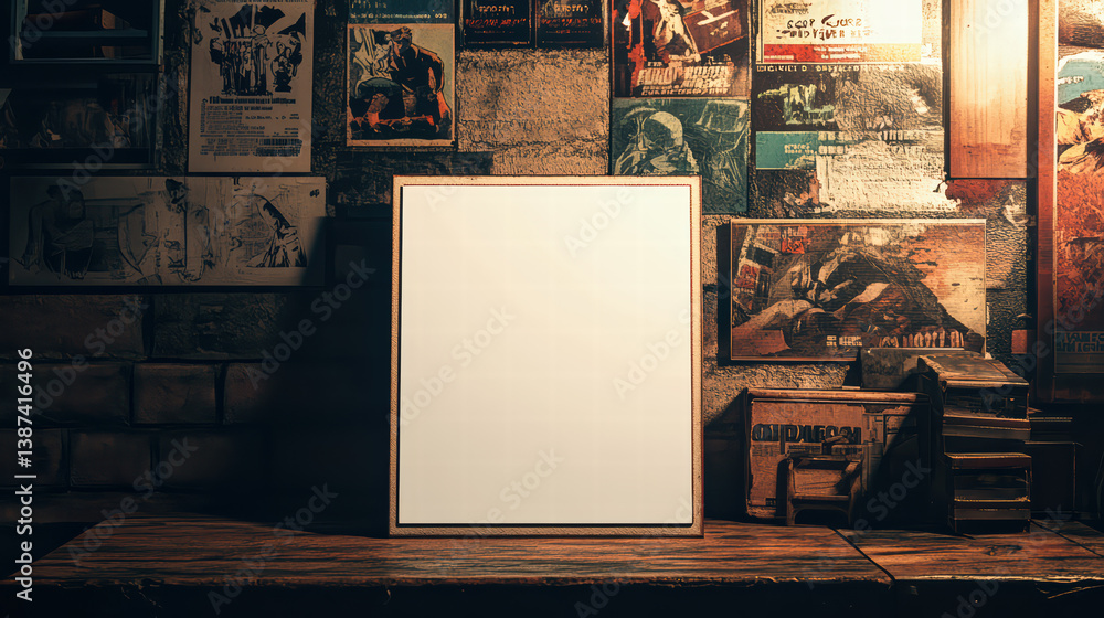 Poster blank canvas on display: an empty white canvas sits centered on a wooden table. grunge-themed backdr