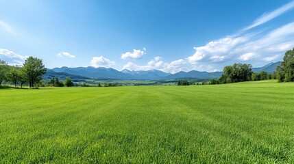 Fototapeta premium Lush green field stretching to a mountain range under a vibrant blue sky