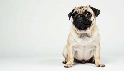 Adorable pug dog sits alone against white backdrop, dog photography, single