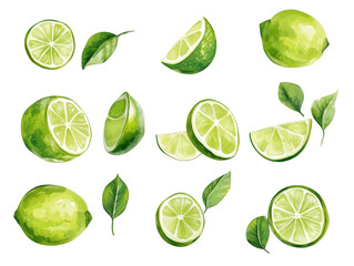Fresh limes and lime slices on food photography isolated bright light vibrant concept