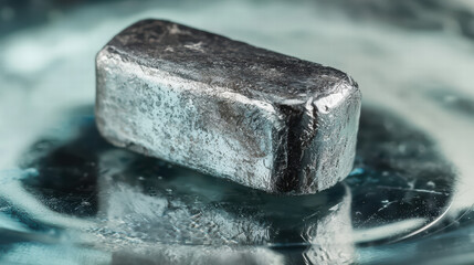 Indium Metal Block Close-Up: A striking macro shot of a solid indium metal block on a reflective surface, showcasing the metal's cool, industrial aesthetic.