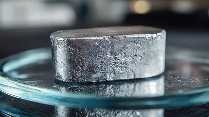 Solid Element Sample: A close-up shot of a raw, silvery metallic element on a clear glass petri dish. Reveals the texture and essence of material science