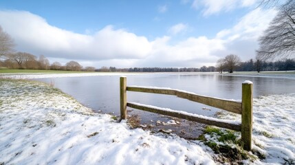 Snowy landscape with a weathered wooden fence along a tranquil lake