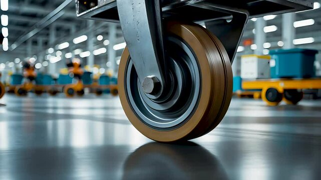 Industrial caster wheel rolling on polished warehouse floor in bright spacious facility