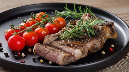 A perfectly grilled ribeye steak rests on a sleek black plate, surrounded by juicy cherry tomatoes.

