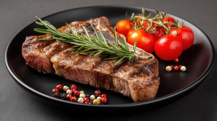 A perfectly grilled ribeye steak rests on a sleek black plate, surrounded by juicy cherry tomatoes.


