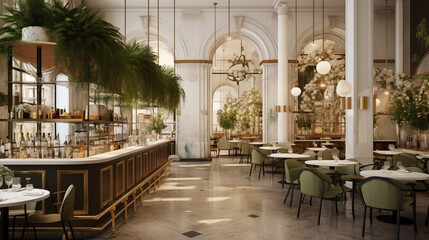 Restaurant d'architecture moderne, b&acirc;timent de luxe avec tables et bar. Restauration, luxe, &eacute;l&eacute;gant. Arri&egrave;re-plan pour conception et cr&eacute;ation graphique.