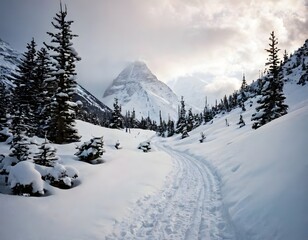 Fototapeta premium A peaceful mountain trail, winding its way through tall peaks covered in snow. The sky above is overcast, casting soft light over the path as it leads through the wilderness.