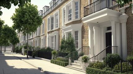Elegant row of terrace houses with classic architecture and lush greenery