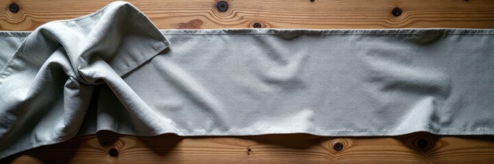 Grey fabric table runner on rustic wood Top view, copy space , design, interior
