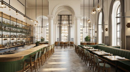 Restaurant d'architecture moderne, bâtiment de luxe avec tables et bar. Restauration, luxe, élégant. Arrière-plan pour conception et création graphique.