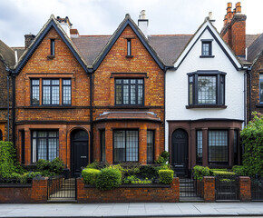 Fototapeta premium Charming brick terrace houses with lush greenery and classic architecture
