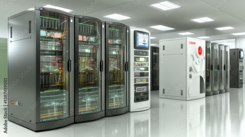 Poster modern data center with rows of servers and networking equipment. clean, bright interior with reflec