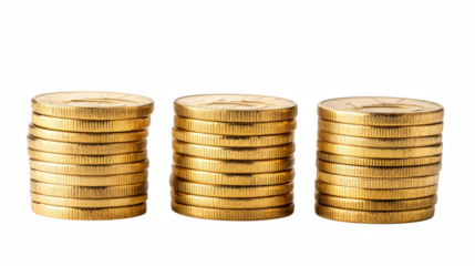 Three stacks of golden coins displayed in ascending order concept of wealth