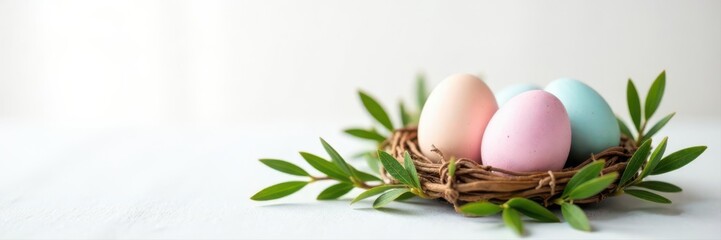 Pastel eggs nestled amongst delicate willow branches on white background, design, card