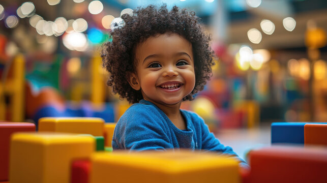 Happy african american boy playing joyfully in modern indoor playground having fun in colorful and bright playground inside shopping mall, banner copy space