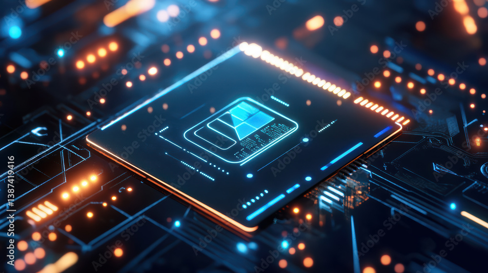 Poster high-tech circuit: a cutting-edge computer processor chip, showcasing intricate circuitry, represent