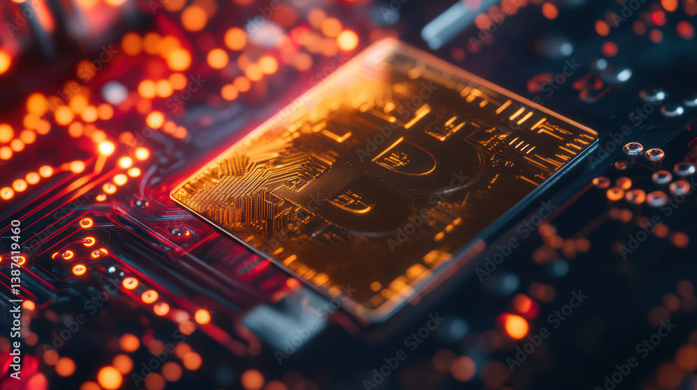 Poster bitcoin and the circuit: a close-up perspective of a bitcoin symbol on a circuit board, showcasing t