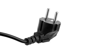 black plastic plug from an electrical appliance for plugging into an electrical outlet, isolated