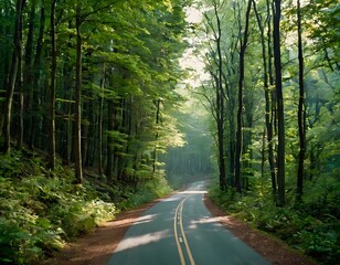 Fototapeta premium A remote forest road, lined with towering trees and dense underbrush. The path is narrow and winding, with the quiet only disturbed by the rustling leaves in the breeze.