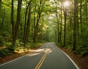 Naklejka premium A peaceful path through a dense forest, where sunlight filters through the leaves and creates a play of light on the ground. The road is quiet, and the air is fresh.
