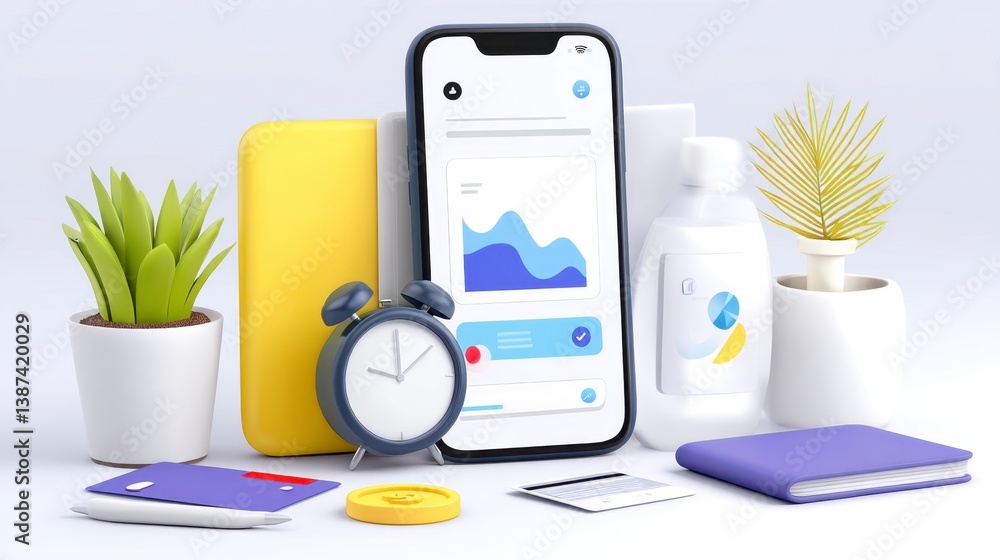 Poster a smartphone displaying a graph is surrounded by office supplies, including a notepad, alarm clock, 
