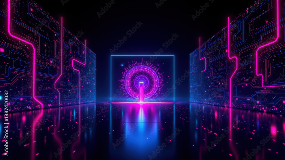 Poster futuristic cybernetic room with holographic security data and encryption gateways.
