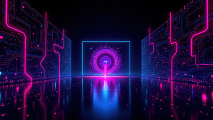 Obraz premium Futuristic cybernetic room with holographic security data and encryption gateways.
