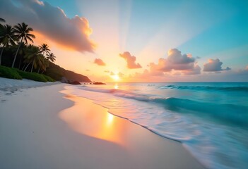 Beautiful tropical sunset beach and sky background as exotic summer landscape with beach and white sand and calm sea beach banner. Paradise island beach vacation or summer holiday destination