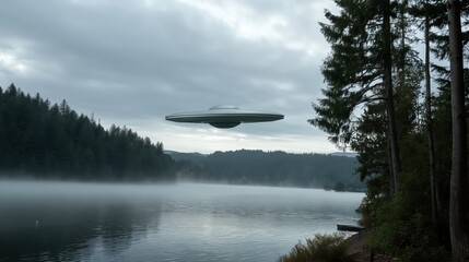 A classic disc shaped UFO hovers silently above a mist-covered lake, its metallic surface glinting beneath a brooding sky, framed by a shadowy forest beyond.
