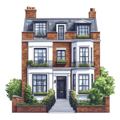Naklejka premium Elegant brick townhouse with lush greenery and classic architecture