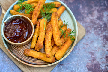Mozzarella sticks Italian cheese breaded  oven baked  mozzarella sticks with   burger sauce ..Italian street food.