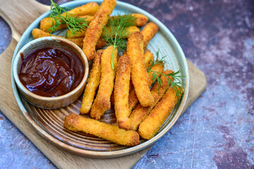 Mozzarella sticks Italian cheese breaded  oven baked  mozzarella sticks with   burger sauce ..Italian street food.