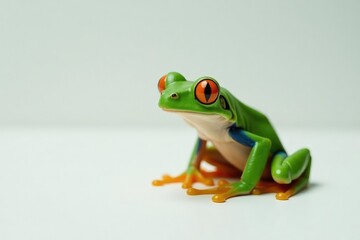 Fototapeta premium Green tree frog perched on white, vibrant skin, isolated background, jump