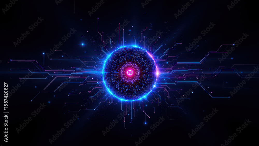 Poster High-tech cybernetic security concept with digital sphere at center surrounded by circuitry and glowing lines.