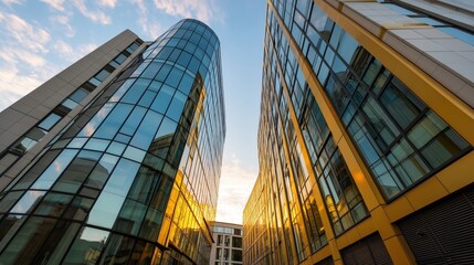 The setting sun paints modern skyscrapers with light, their reflective surfaces capturing an abstract blend of architecture and nature in motion.