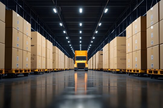 Futuristic Quantum Computing Logistics Network Optimizing Real Time Deliveries in Minimalist Warehouse Interior with Advanced Automation and Data Analytics for Efficient Supply Chain Management and