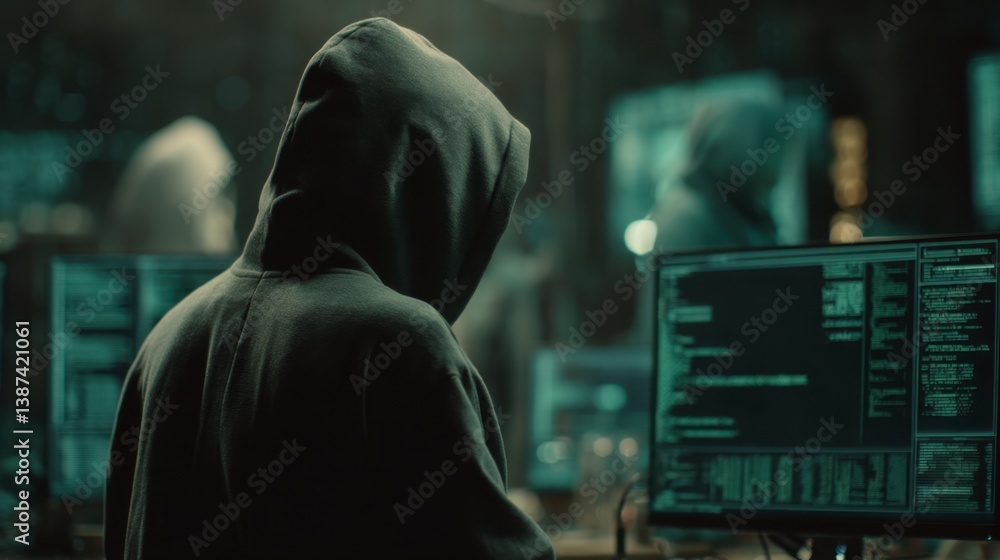 Poster person in dark hoodie sits at computer, working in dimly lit room with multiple monitors displaying 