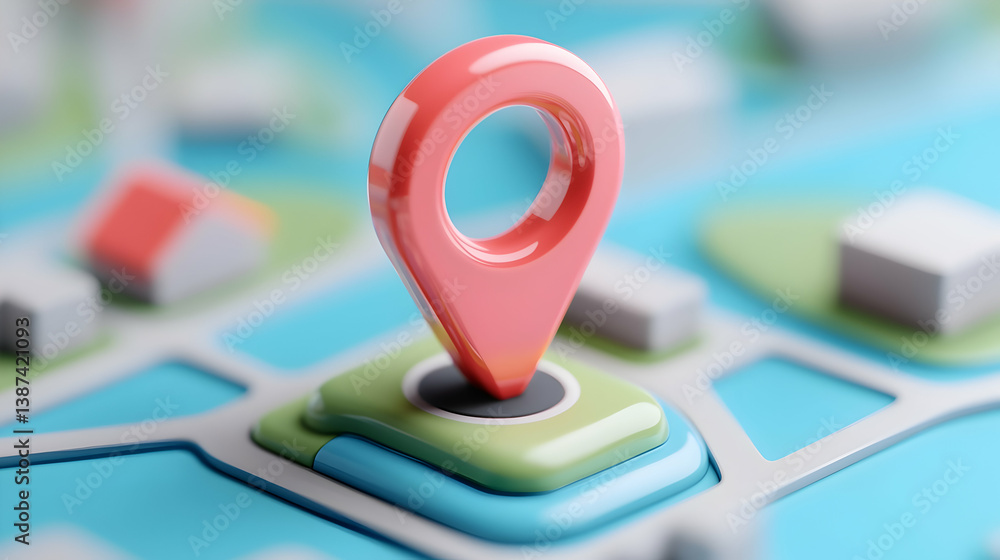 Poster 3d render of red location pin on stylized map