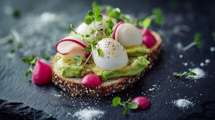A vibrant avocado toast with poached eggs, radishes, and microgreens. Featuring freshness and elegance