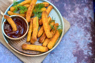Mozzarella sticks Italian cheese breaded  oven baked  mozzarella sticks with   burger sauce ..Italian street food.