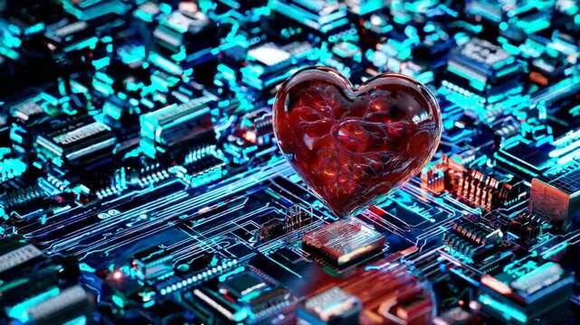 Translucent red heart-shaped object with internal vascular network positioned on complex technological circuit board with blue-green electronic components