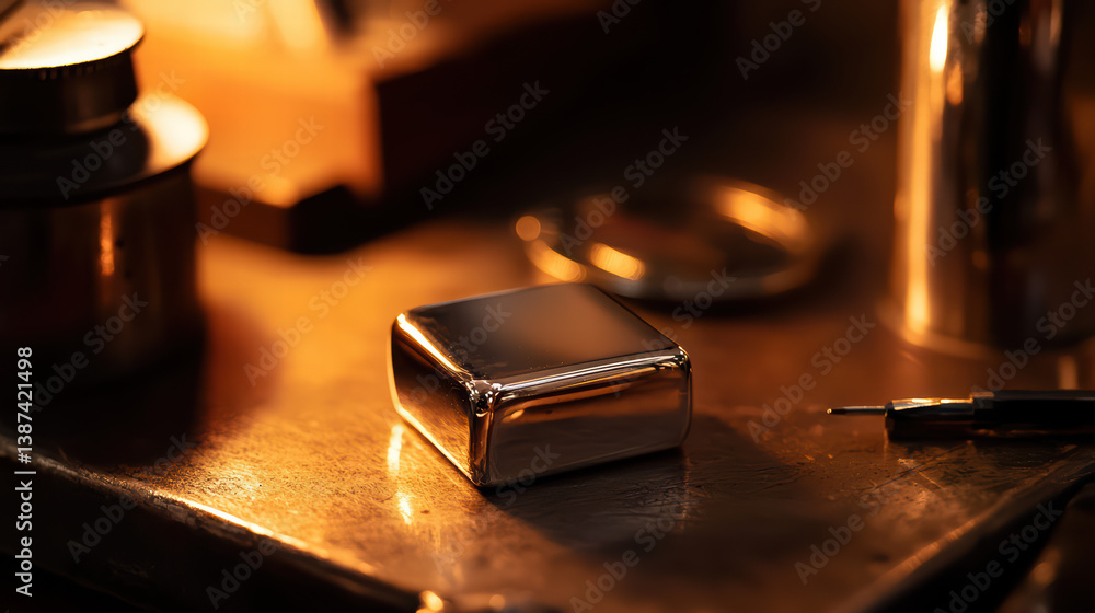 Poster metallic cube in artisan's workshop: captivating close-up of a reflective, metallic cube resting ami
