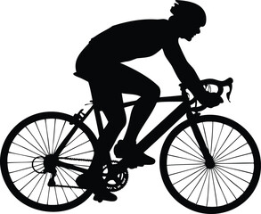Fototapeta premium Silhouette of a professional cyclist riding a road bike, wearing a helmet, representing endurance, outdoor fitness, and competitive cycling sport