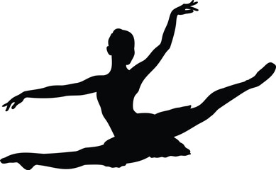 Fototapeta premium Silhouette of a ballerina performing a high leap with extended arms and legs, representing classical ballet, grace, and dance performance