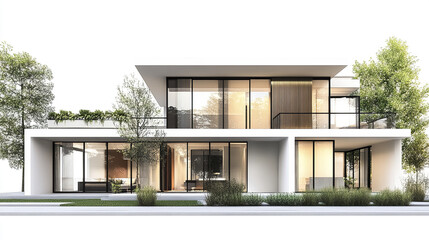 Fototapeta premium Modern two story house with large glass windows and minimalist design
