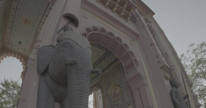 Jaipur, Rajasthan, India. Ungraded C LOG 2, Statue Of raja on elephant. Patrika Gate At Jawahar Circle. Old Pink City. Travel To India. Patrika Gate Is Traditional Rajasthani Style Of Architecture